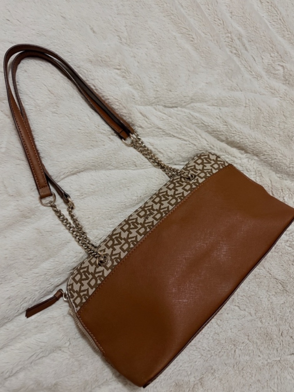 DKNY Tan and Beige Logo Shoulder Bag with Chain Straps